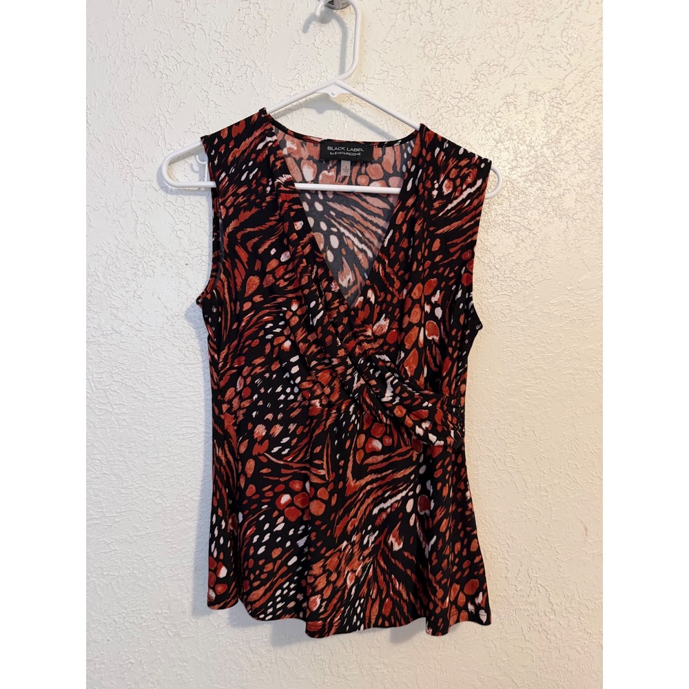 Black Label by Evan-Picone Rust Black Abstract Butterfly Surplice Wrap Top S